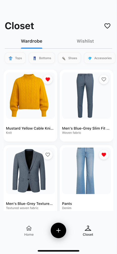 A digital closet interface in the GRWM app displaying organized clothing items including a mustard yellow sweater and blue trousers.