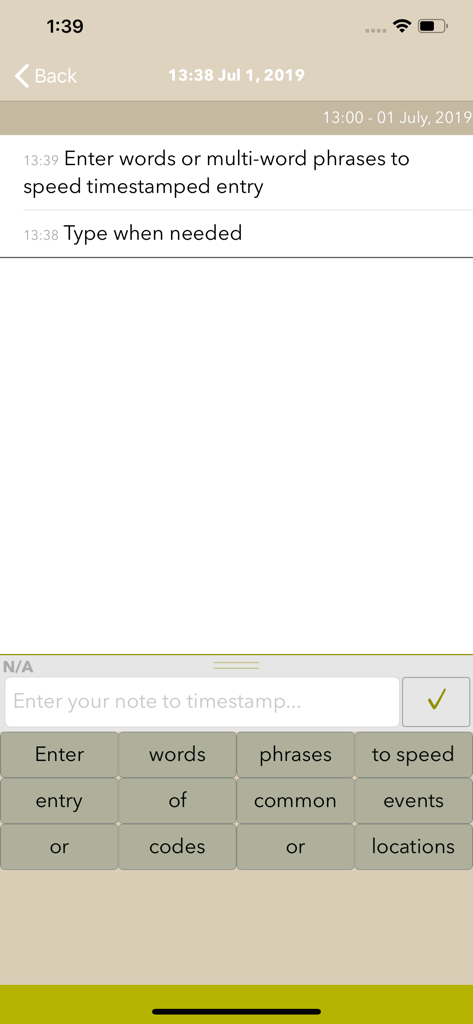 A mobile interface for the Timestamped Field Notes app displaying a log of entries with specific times and a grid of customizable quick entry buttons.