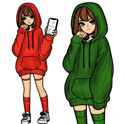 realistic girl who looks tired and is wearing an oversized hoodie and knee high socks and is holding a phone