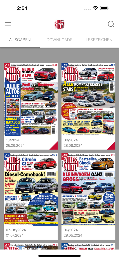 Alles Auto E-Paper - A collection of digital car magazine covers within the Alles Auto e-paper app interface