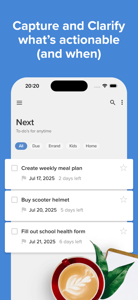 Nirvana for GTD app screenshot showing the Next actions list on an iPhone interface