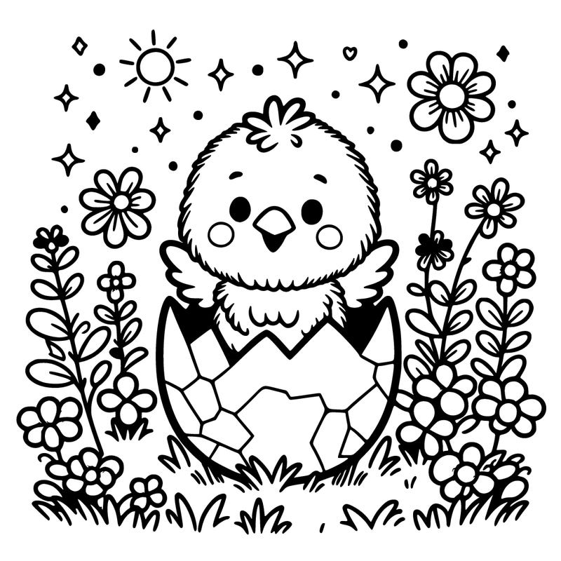 a little chick hatching from an easter egg in the middle of a flower field.