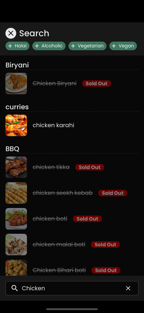 Karachi Food Master - Karachi Food Master app search interface displaying chicken menu items like biryani and chicken karahi
