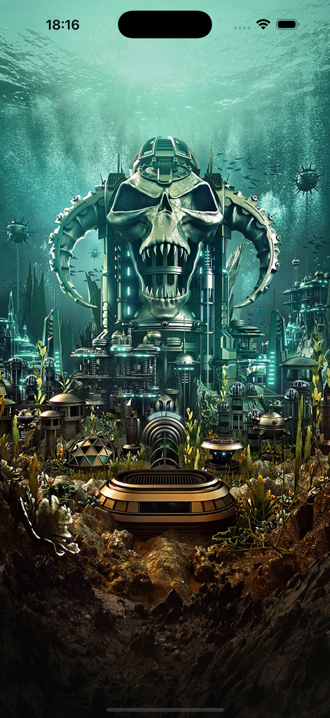 Tela de splash da cidade Masters of Hardcore 2026 com caveira mecânica subaquática