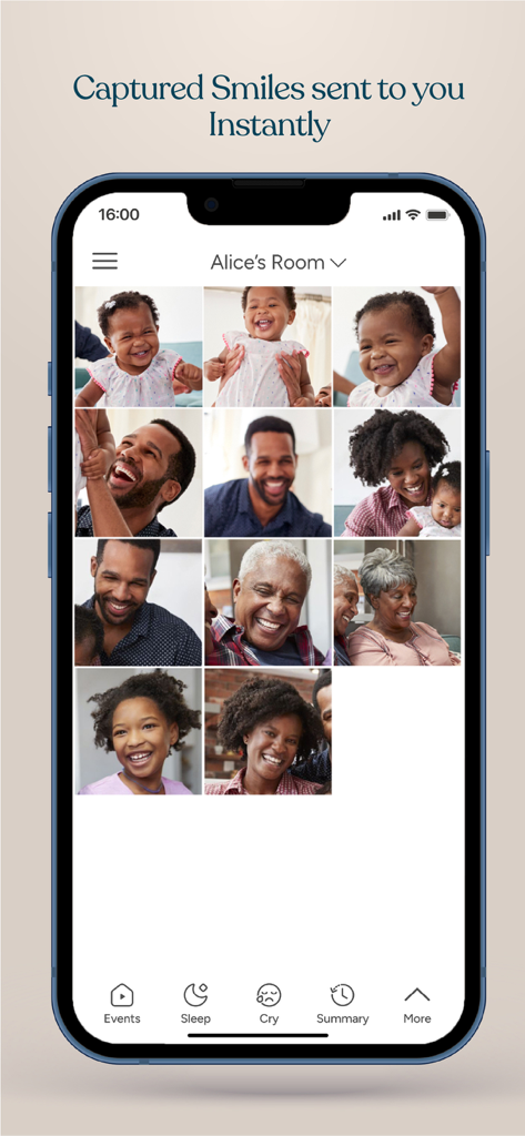 아기 모니터에서 캡처한 웃는 얼굴들의 격자를 보여주는 Invidyo 앱 인터페이스