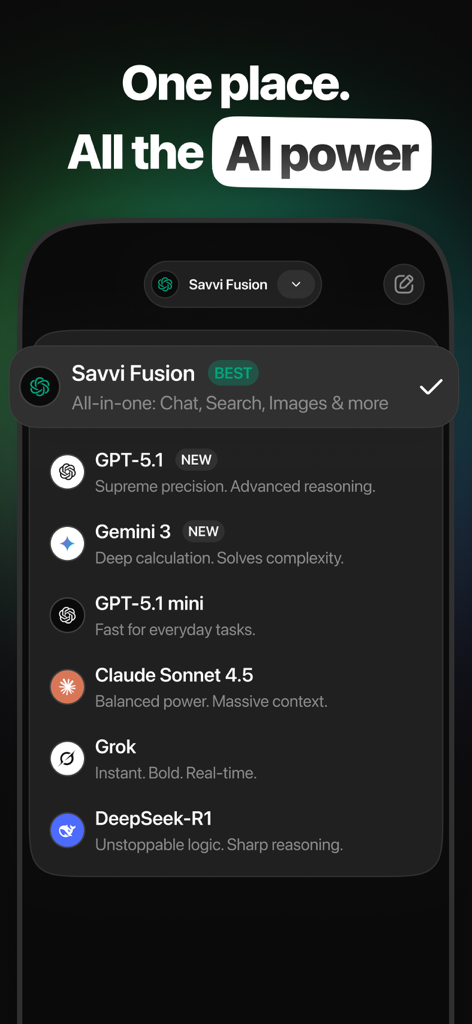 Savvi의 모바일 인터페이스, GPT-5.1 Claude Sonnet 및 Gemini 3와 같은 여러 AI 모델을 한곳에 표시