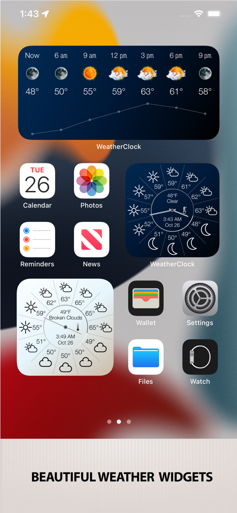Weather Clock Widget - iPhone home screen with elegant weather clock widgets showing hourly forecasts