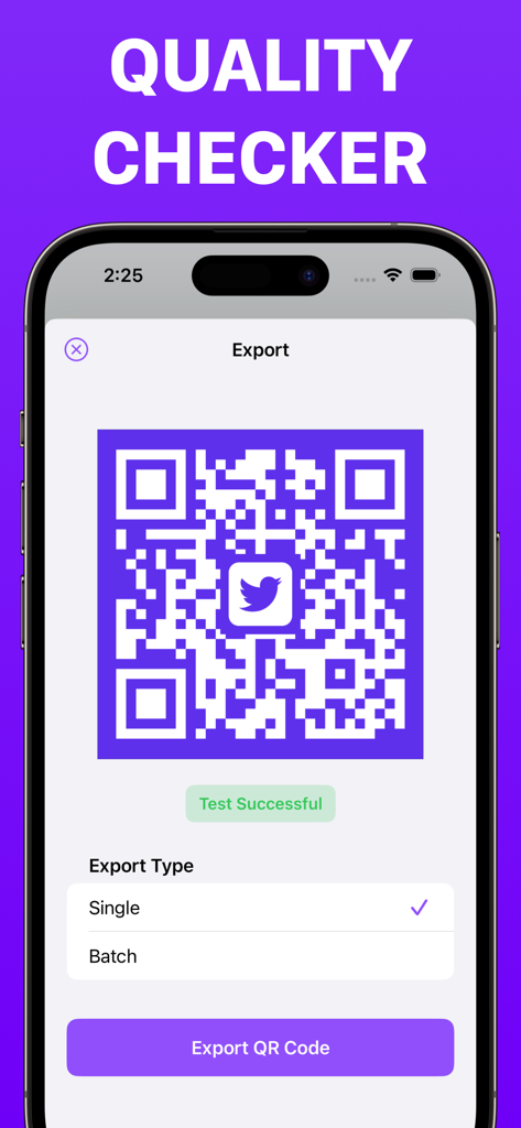 QR Code Generator - QRKit - Interface of the QRKit app showing a successful quality check for a custom purple QR code with options for single or batch export.