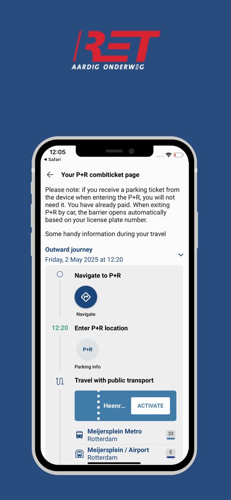 RET - RET 앱 인터페이스로 로테르담의 파크 앤 라이드 복합 티켓 및 여행 일정 표시