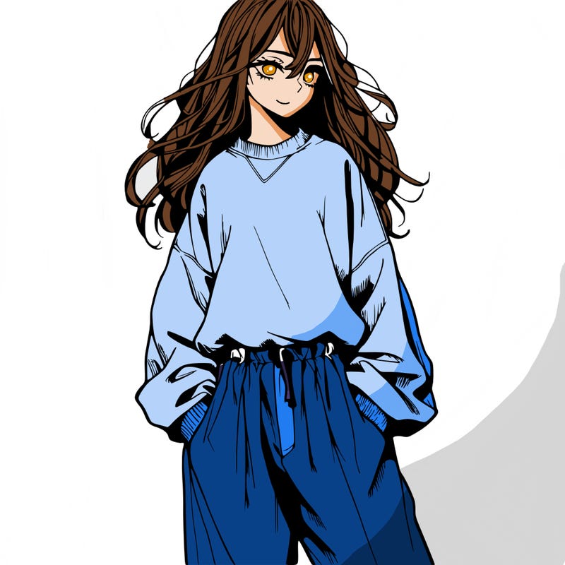 a realistic manga girl with a sweatshirt and wide pants