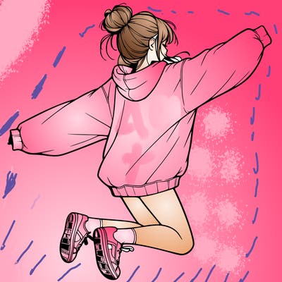 realistic girl jumping with a bun and oversized sweatshirt