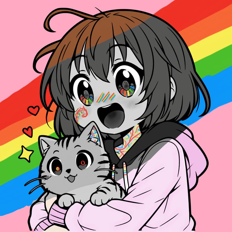 an anime girl excited snuggling an adorable cat