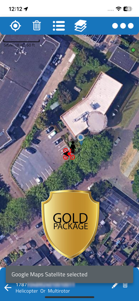 DroneScout pro - DroneScout pro satellite map interface showing drone detection with gold package badge