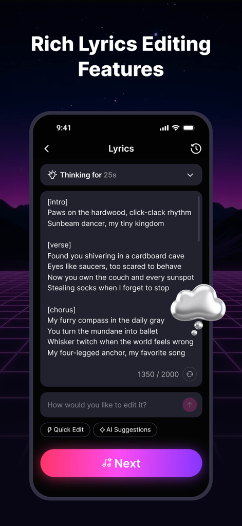 Tela do aplicativo Tad AI Music Generator mostrando recursos ricos de edição de letras e letras de músicas geradas por IA.