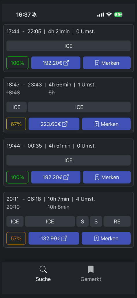 Bahn-Vorhersage - Eine Liste deutscher Zugverbindungen, die Zuverlässigkeitsprozentsätze und Ticketpreise in der Bahn-Vorhersage-App zeigt