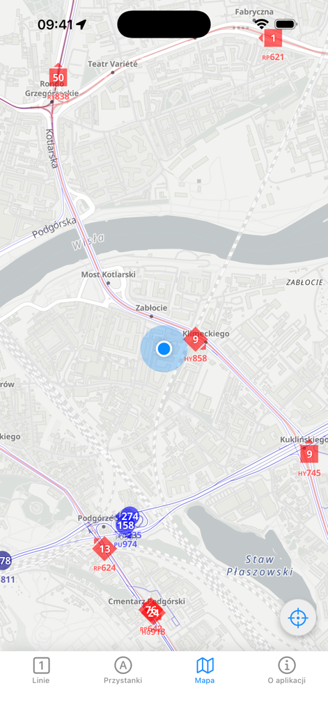 Real-time map showing live bus and tram locations in Krakow