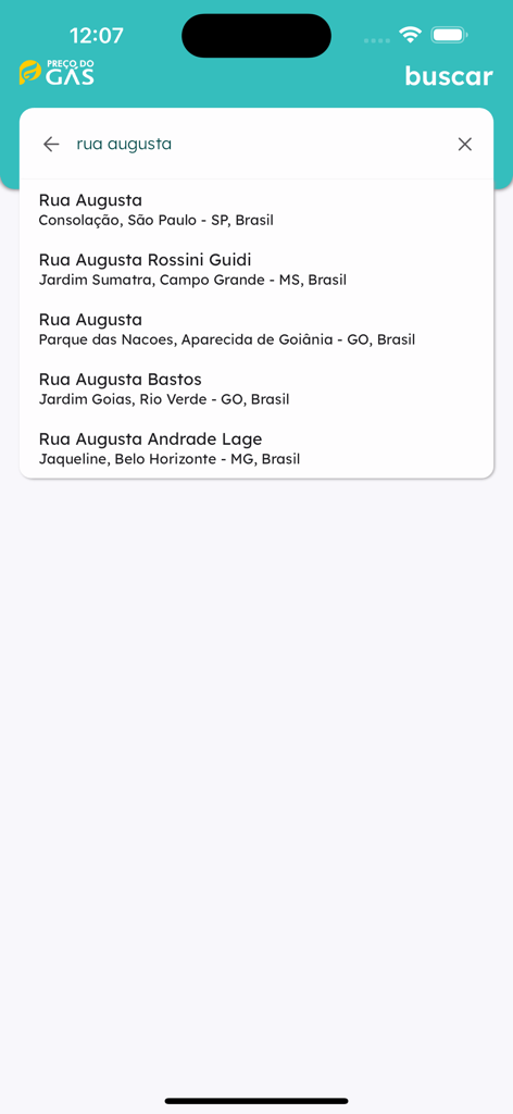 Preço do Gás - Address search screen in the Preco do Gas app with a list of street name suggestions