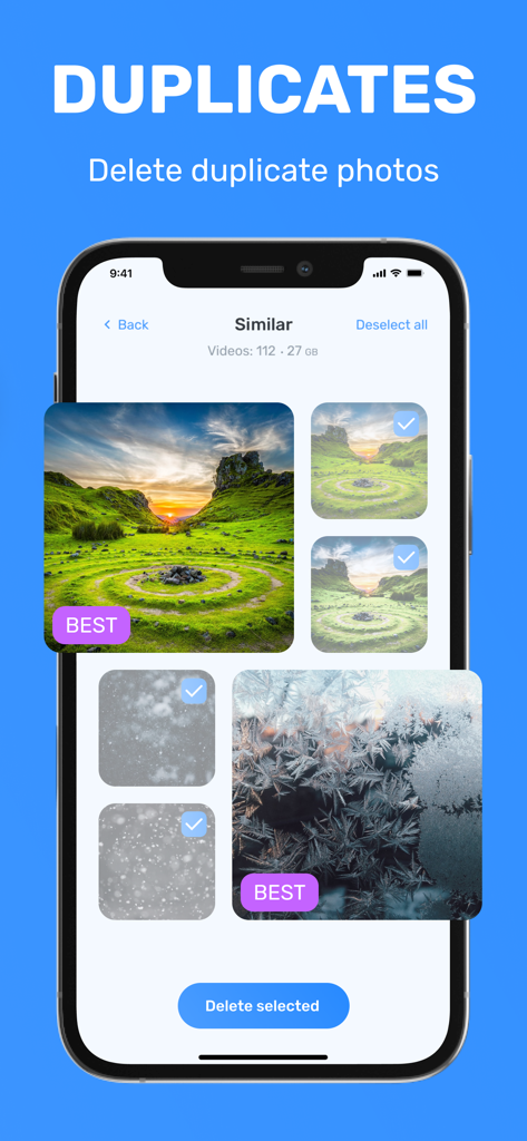 Pantalla de smartphone mostrando la función de limpieza de fotos duplicadas de la aplicación Master Cleaner