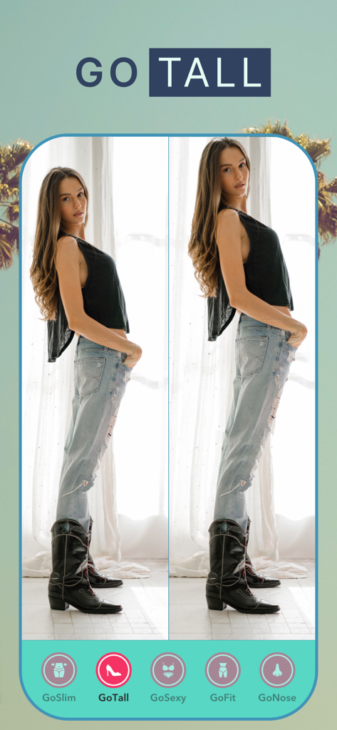 GoSexy - Face and Body Editor - Side by side comparison of a woman looking taller using the GoTall feature in the GoSexy app