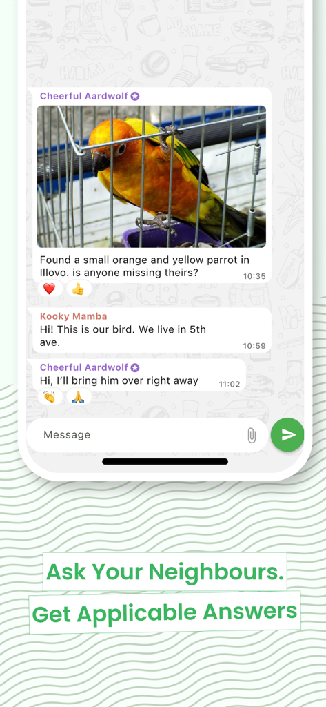 Screenshot of the ESP app community chat showing neighbors discussing a found pet parrot in a local suburb