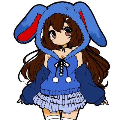 pretty anime girl wearing a fluffy hoodie with bunny ears on the hood and a skirt