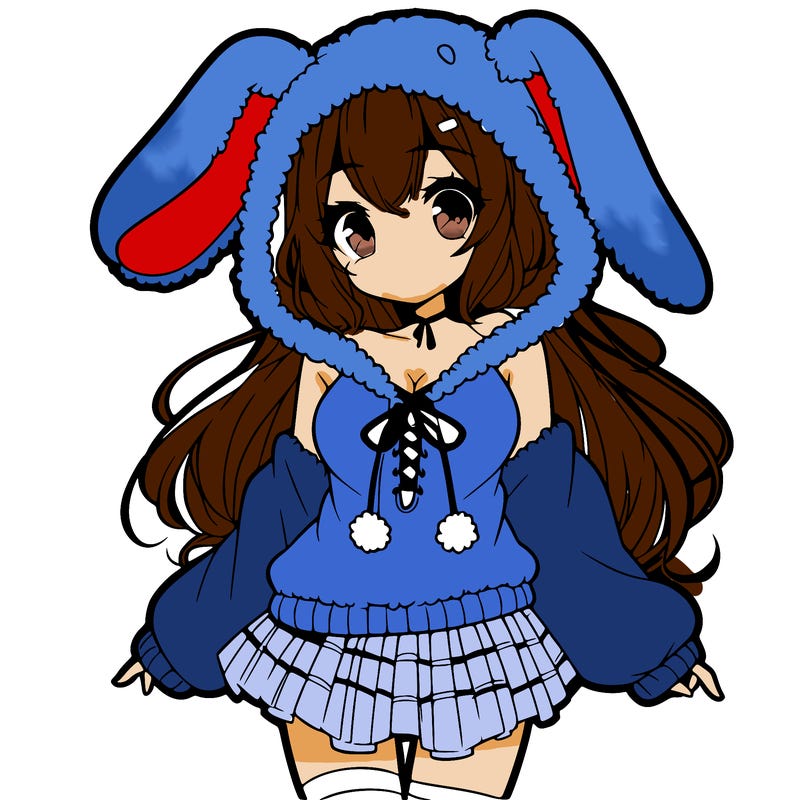 pretty anime girl wearing a fluffy hoodie with bunny ears on the hood and a skirt