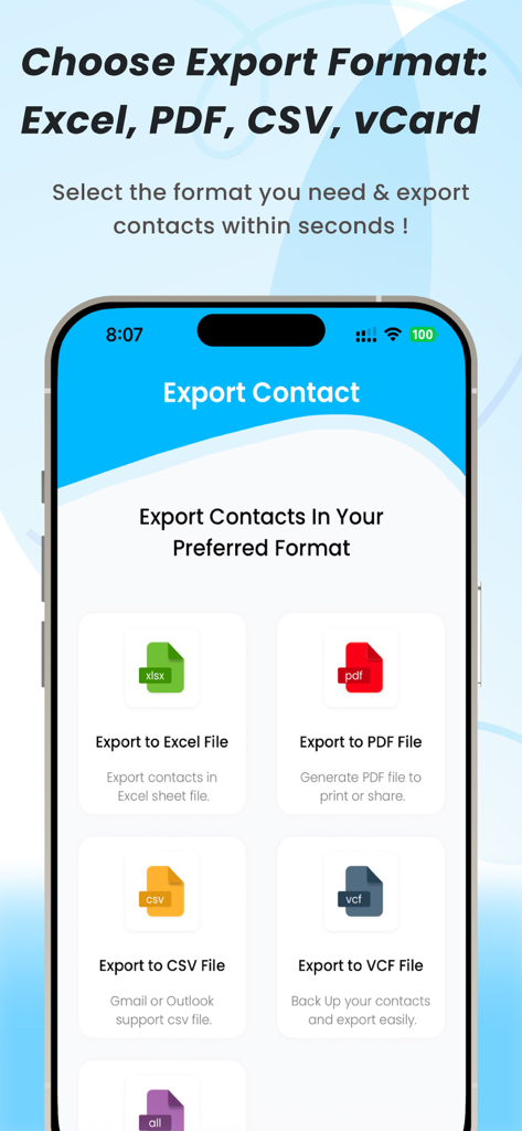 Mobile App-Oberfläche mit Optionen zum Exportieren von Kontakten in die Dateiformate Excel, PDF, CSV und VCF.