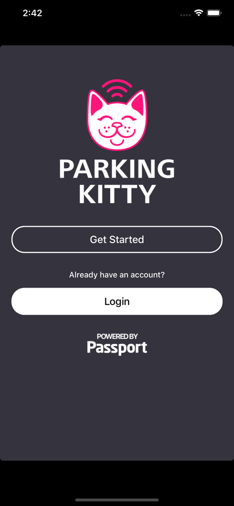 Parking Kitty - Parking Kitty app welcome screen with cat logo and login buttons