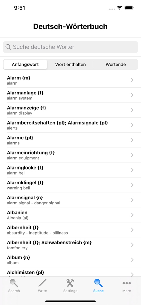 Deutsch-Englisch-Wörterbuch-App-Oberfläche, die eine Liste deutscher Wörter und ihrer englischen Übersetzungen mit Suchoptionen anzeigt