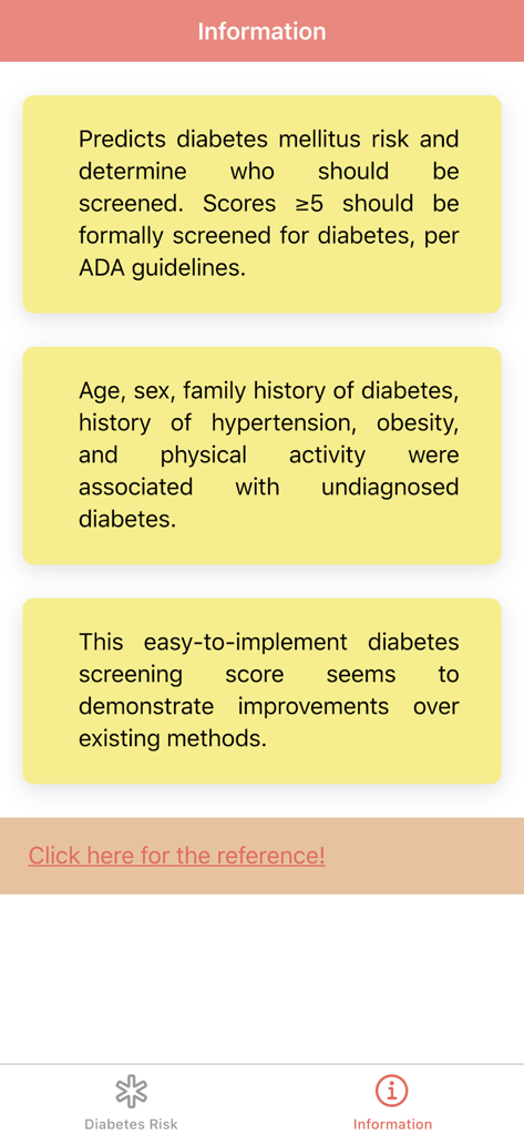 Diabetes Risk Score Calculator - Information screen of the Diabetes Risk Score Calculator app explaining screening guidelines and risk factors.