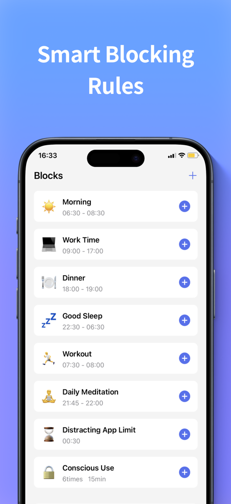 Screen Time Control - App Lock - User interface showing scheduled app blocking rules for productivity