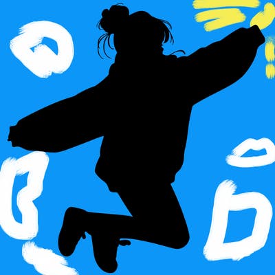 realistic girl jumping with a bun and oversized sweatshirt