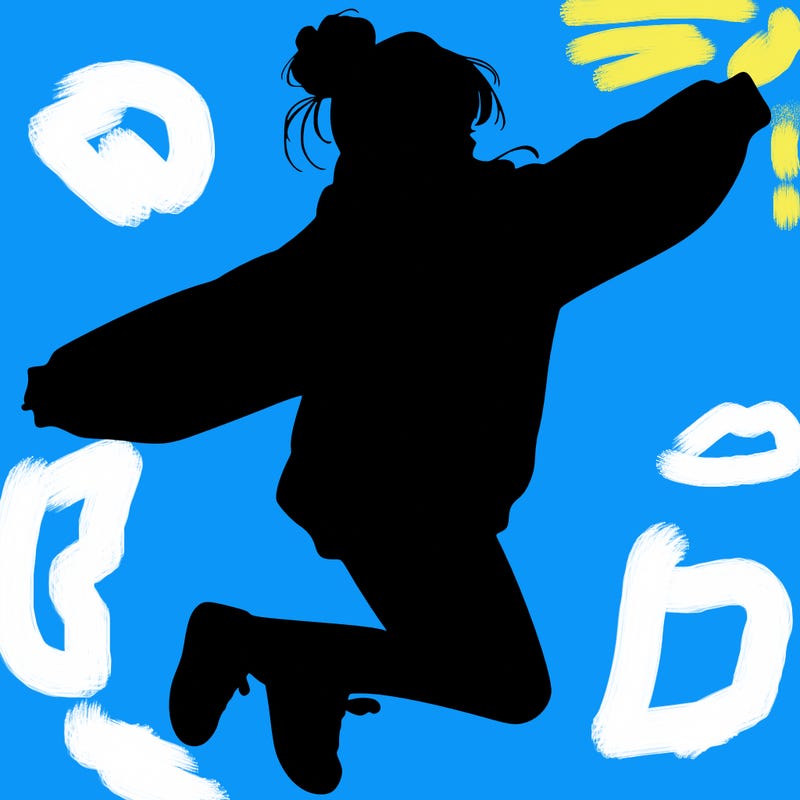 realistic girl jumping with a bun and oversized sweatshirt