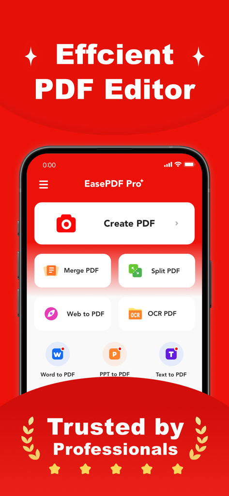 Painel do aplicativo EasePDF Pro exibindo ferramentas de PDF incluindo Criar, Mesclar e OCR.