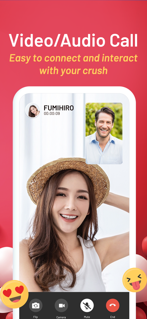 iMatch - Match, Chat, Date - A mobile screenshot of the iMatch dating app showing a live video call interface between two users with call control buttons.