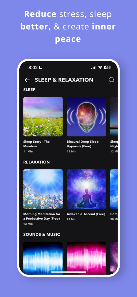 Ultimate Hypnosis, Meditation - Interface of the Ultimate Hypnosis and Meditation app showing categories for sleep and relaxation with various audio tracks