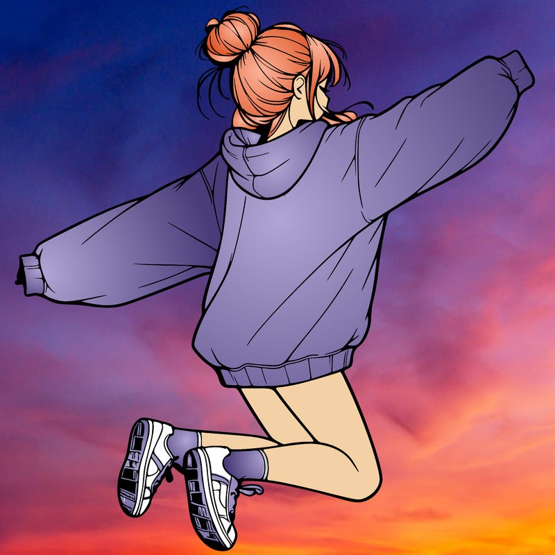 realistic girl jumping with a bun and oversized sweatshirt