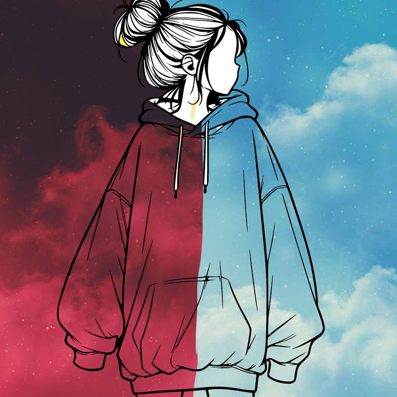realistic girl with a oversized sweatshirt on and a bun