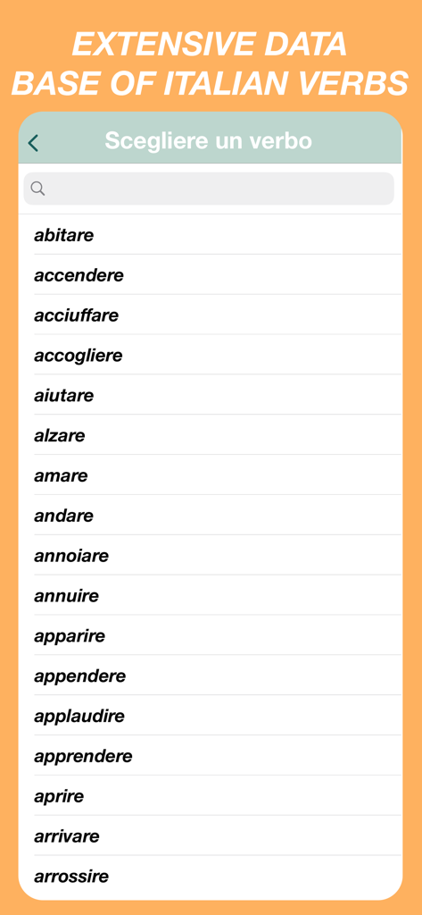 A searchable list of Italian verbs within the Italian Verbs Quiz app interface.