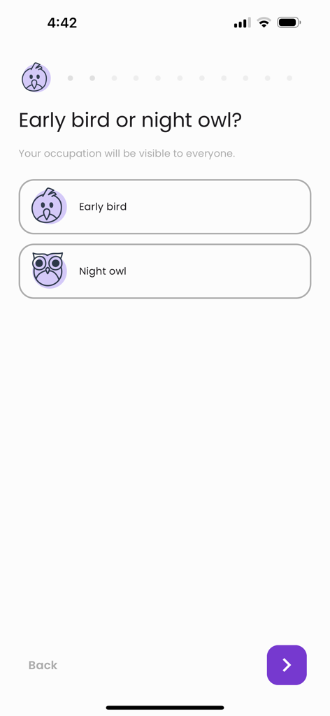 Loby app onboarding screen asking users if they are an early bird or a night owl for roommate matching