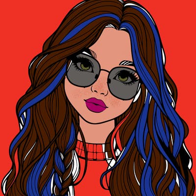 girl with long hair and freckles and glasses realistic