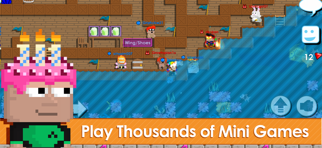 Captura de pantalla de gameplay de Growtopia que muestra personajes de pixel art en un mundo personalizado con texto superpuesto Juega Miles de Minijuegos