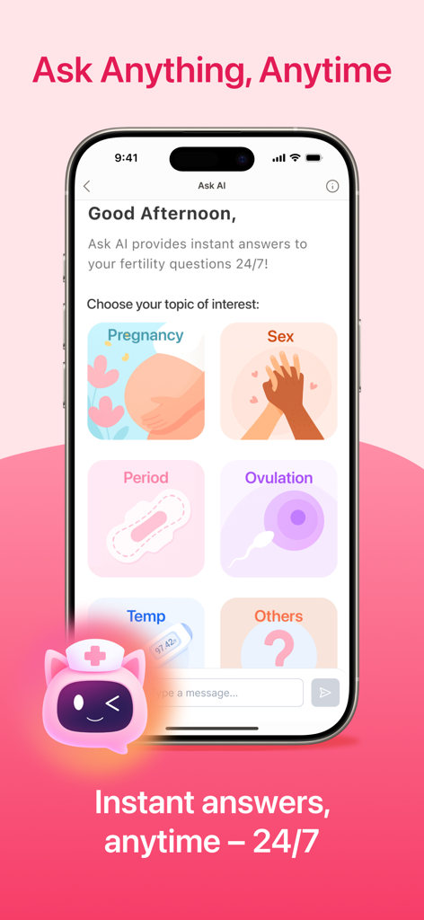 Pregnancy Tracker App ⁯ - Interface of the AI Pregnancy Assistant feature showing categories for pregnancy and fertility questions