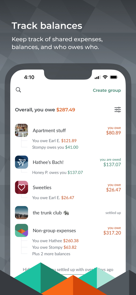 Splitwise mobile app interface displaying a list of shared group expenses and total balances owed