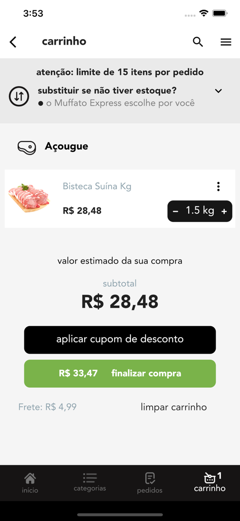 Muffato Express - Muffato Express mobile app shopping cart screen displaying items subtotal and checkout button