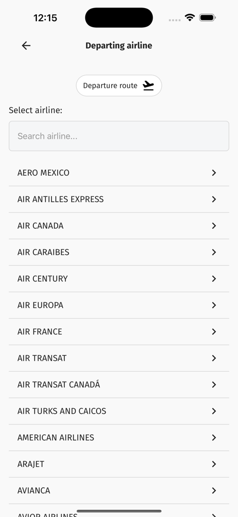 BeforeBoarding - Pantalla de selección de aerolínea en la aplicación BeforeBoarding para que los viajeros elijan su transportista de salida.