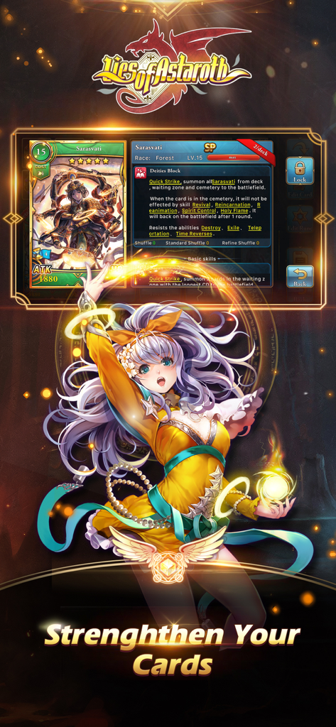 Character card upgrade interface in Lies of Astaroth showing Sarasvati card details and anime illustration
