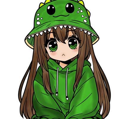 girl with anime shaped eyes with a dinosaur bucket hat oversized sweatshirt long straight hair