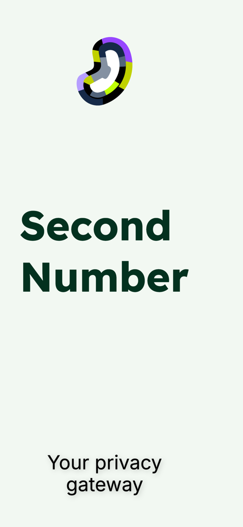 Second number : 2nd phone line - Zweitnummer App Startbildschirm mit einem farbenfrohen Ohren-Logo und dem Slogan Ihr Zugang zur Privatsphäre