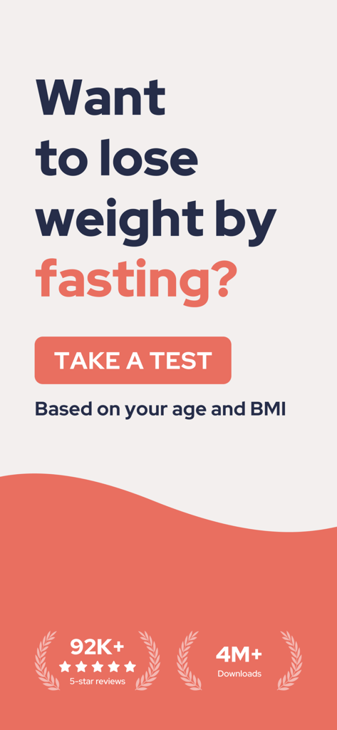FastEasy: Intermittent Fasting - FastEasyアプリのウェルカム画面。年齢とBMIに基づいた減量ファスティングテストと評価、ダウンロード統計が表示されます。